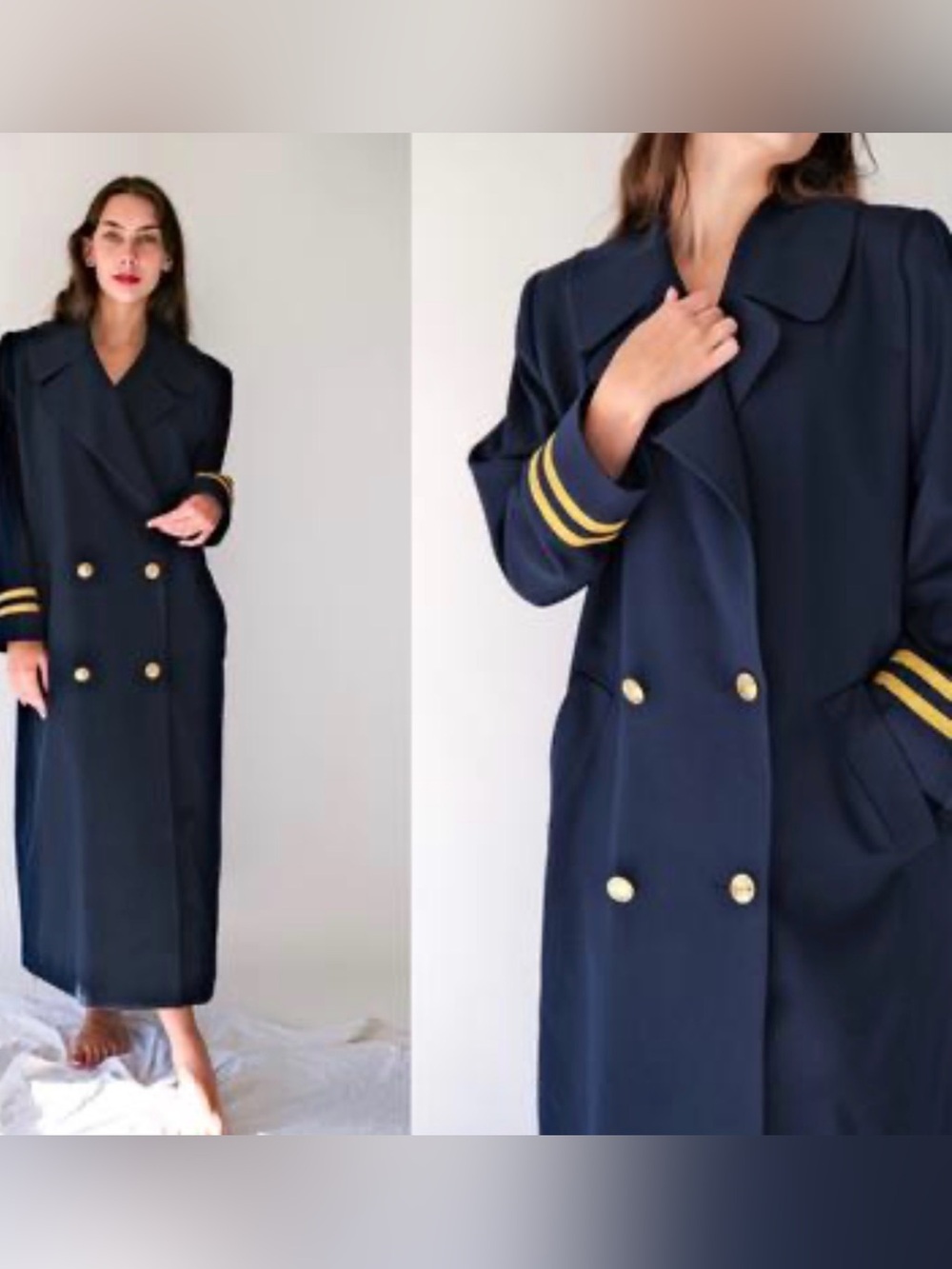 Vintage Dior Black Wool Naval Double-Breasted Coat with Gold Trim